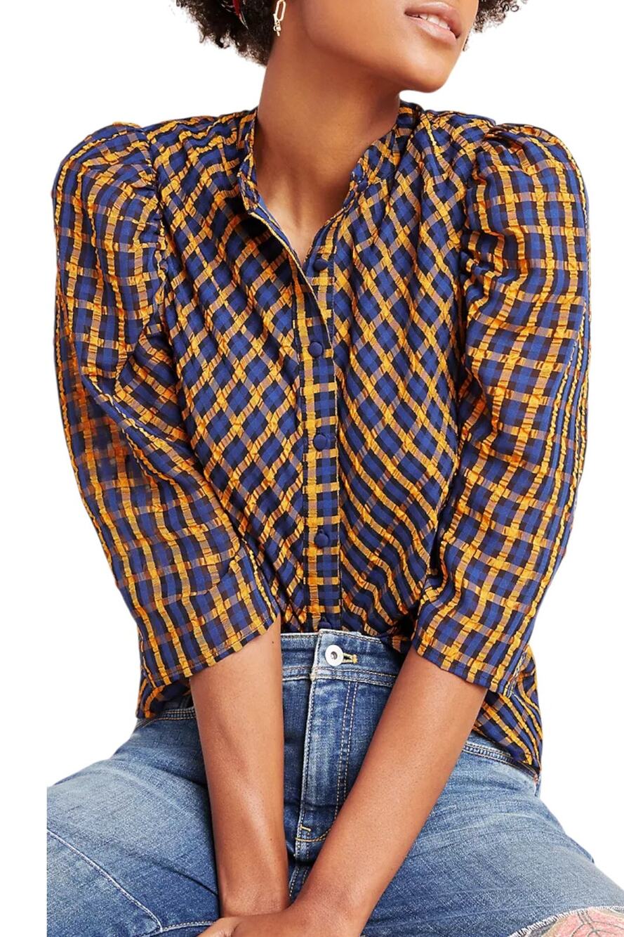 Eva Franco Anthropologie Textured Plaid Blouse 8 Blue Puff Sleeve NWT Button